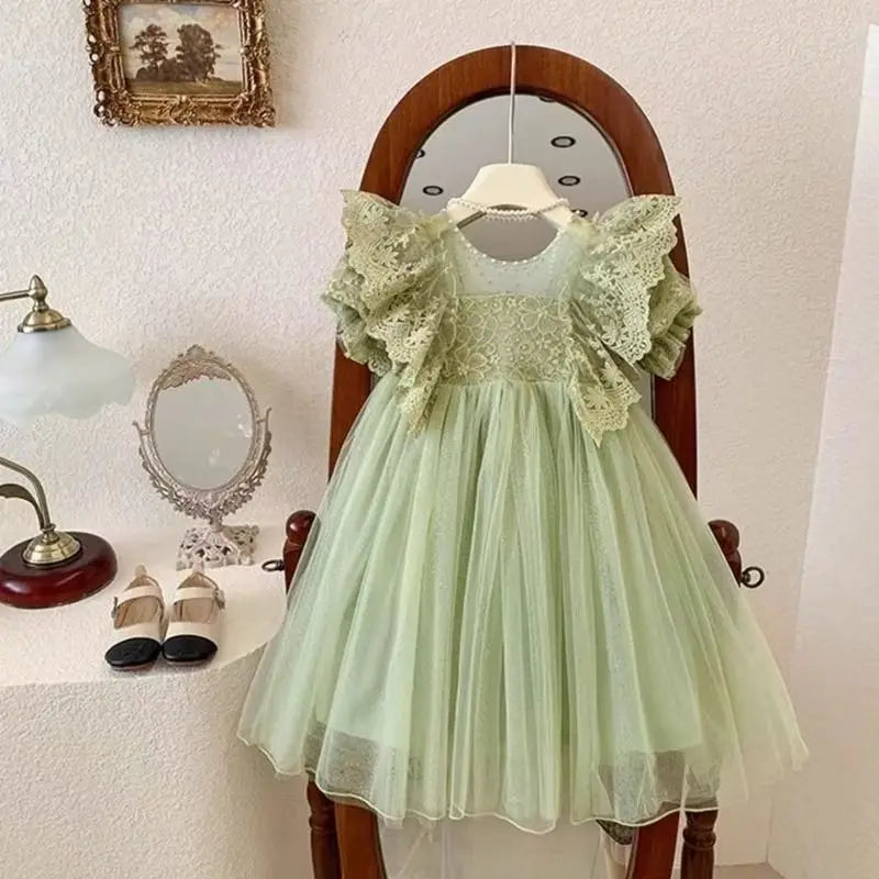 Kids Princess Dress 2-12Y Summer Lace Tulle Formal Gown Girls Elegant Birthday Party Vestidos New Children Sweet Clothing