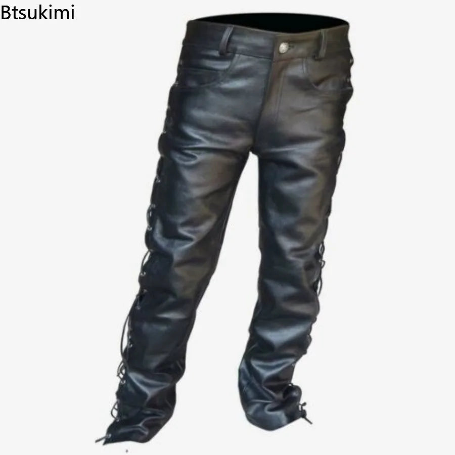 Men's Black PU Leather Side Laces Up Punk Style Long Pant Motorcycle Leather Trousers Leather Motorcycle Four Seasons Pants Male