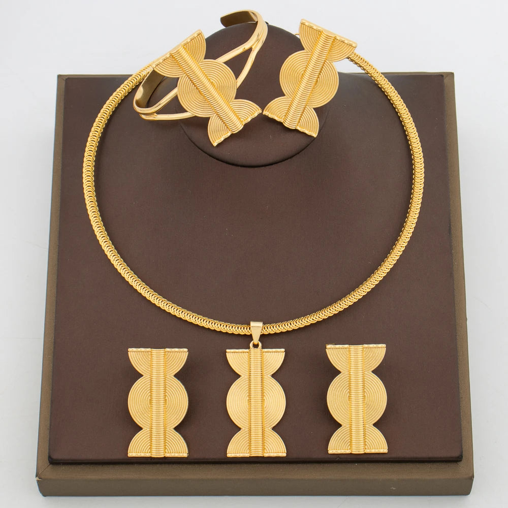 African Jewelry Set for Women 18k Gold Plated Pendant Necklace with Bangle Ring Dubai Earrings Bridal Jewellery Gifts Accessory