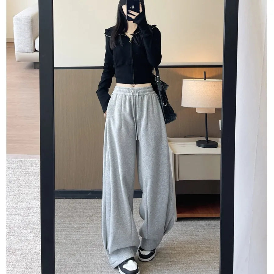 Women's Sports Sweatpants New Style for Autumn and Winter  High-waisted, Loose  Lazy Wide-leg Pants Slimming Casual Trousers