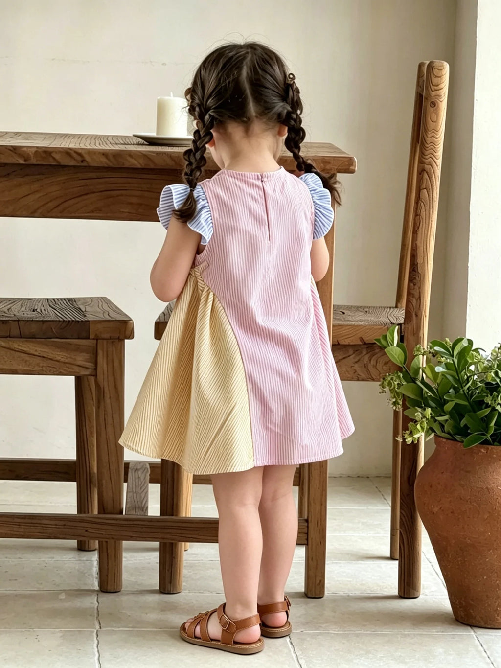 Children's Striped Color-Block Dress Baby Collar Sleeveless Ruffle Edge Single-Breasted Knee-Length Clothing for Kids