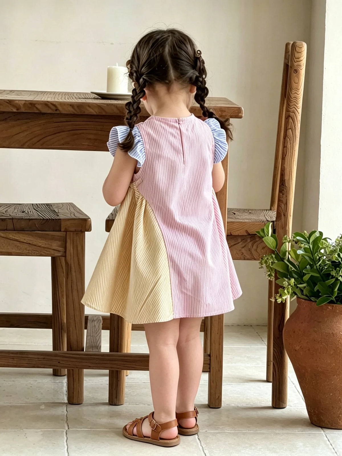 Children's Striped Color-Block Dress Baby Collar Sleeveless Ruffle Edge Single-Breasted Knee-Length Clothing for Kids