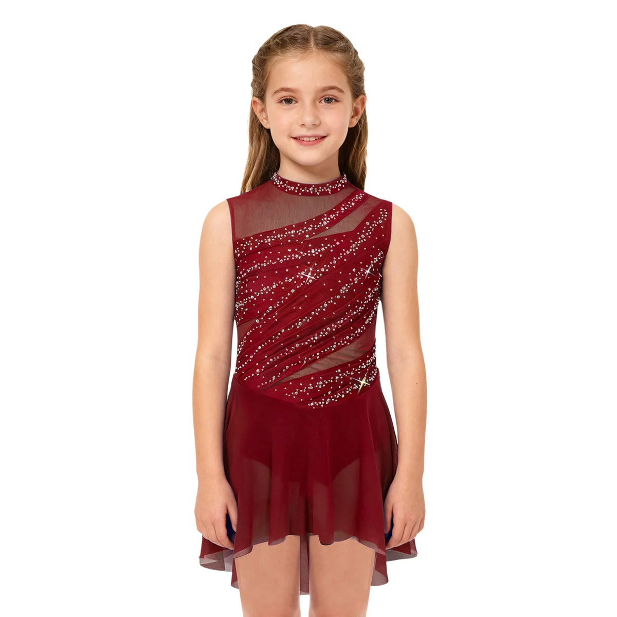 Kids Girls Lyrical Dance Dress Sleeveless Sheer Mesh Patchwork High-Low Hem Ruched Shiny Rhinestone Leotard Dress Ballet Dresses