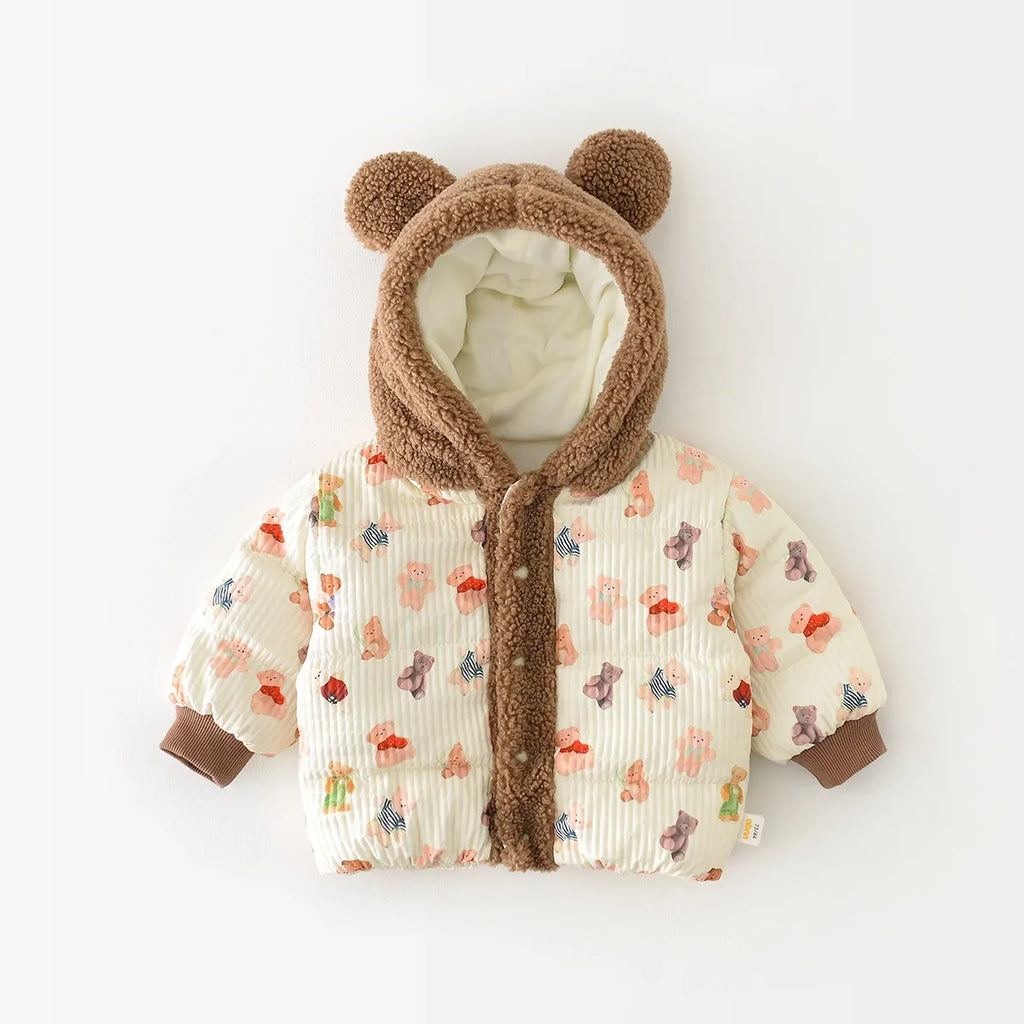 Winter Children Coat 0-3Y Boys Girls Cute Bear Printed Jacket Warm Fleece lined Kids Outerwear