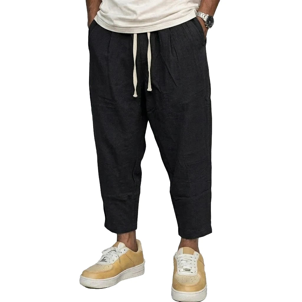 Men's Trousers Cotton Baggy Pants Casual Linen Pants Solid Color Breathable Loose Shorts Straight Drawstring Pants Gym Men Work