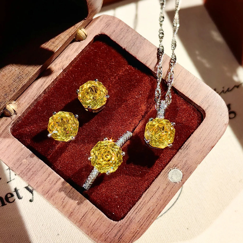 925 Sterling Silver Women Rings Necklaces Earrings Pendants Inlaid Colorful Diamonds Yellow Diamonds Jewelry