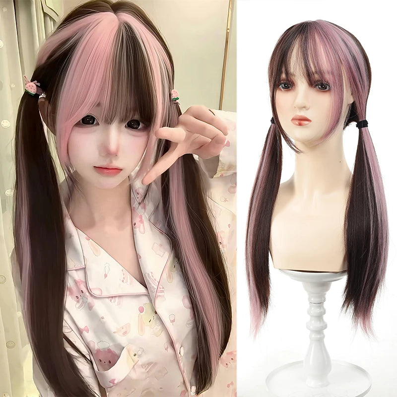 The Woman with a Wig Has a One-Cut Gradient Rainbow-Colored Bob Hairstyle, a Full Head Cover, and Short Collarbone Hair