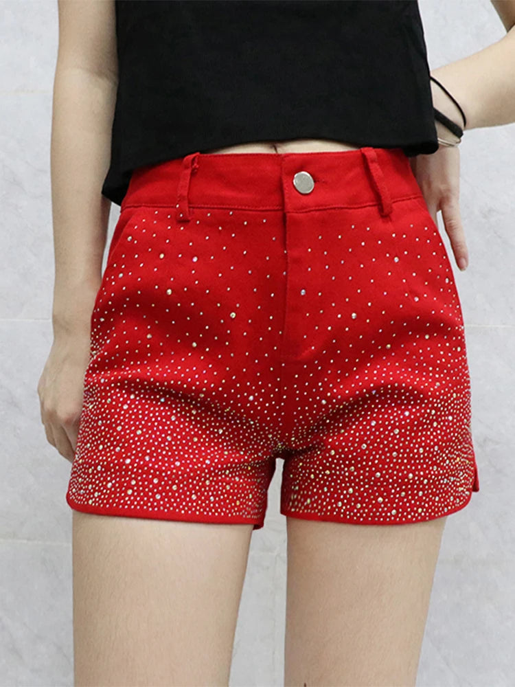Women's High Waist iny Sequin Denim orts Summer New Sle Korean Version Slimming Elastic Wide Leg A-Line Hot Pants