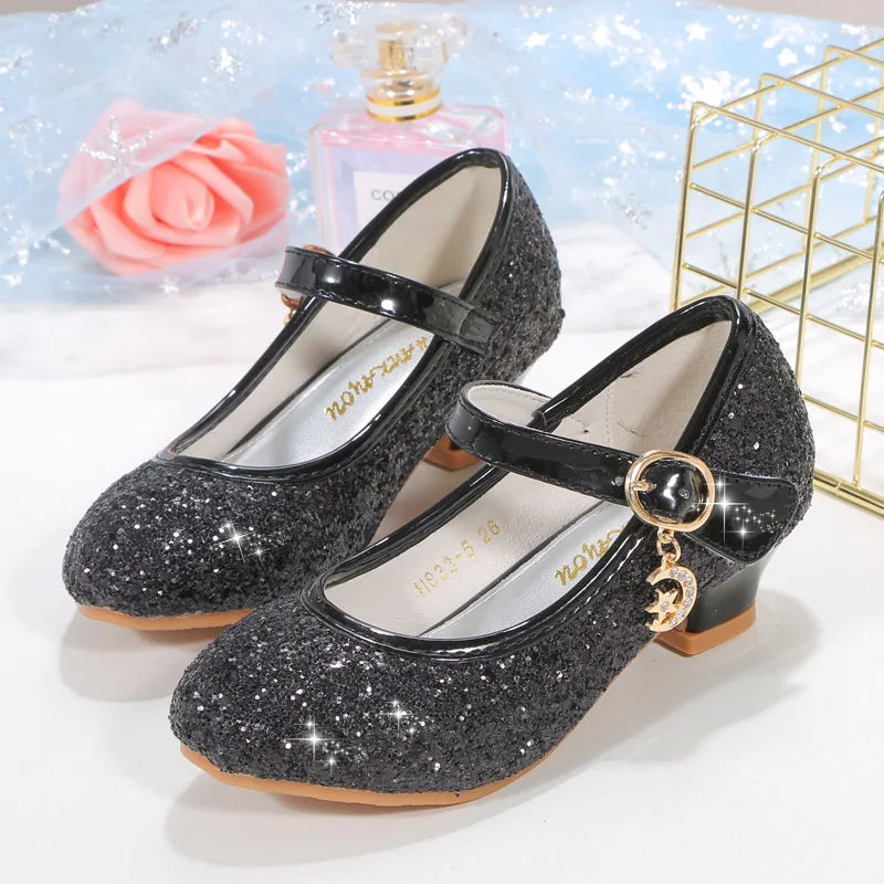 2025 New Children High Heels Red White Pink Sliver Girls Sequin Princess Shoe Four Seasons Students Dance Performance Show Shoes