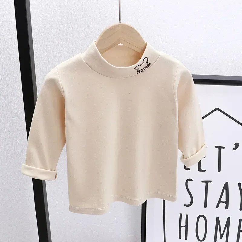 Children Clothing Girls Long Sleeve T-Shirt Soft Fabric Half-High Collar and Puff Sleeves Perfect for Play and School T-Shirts