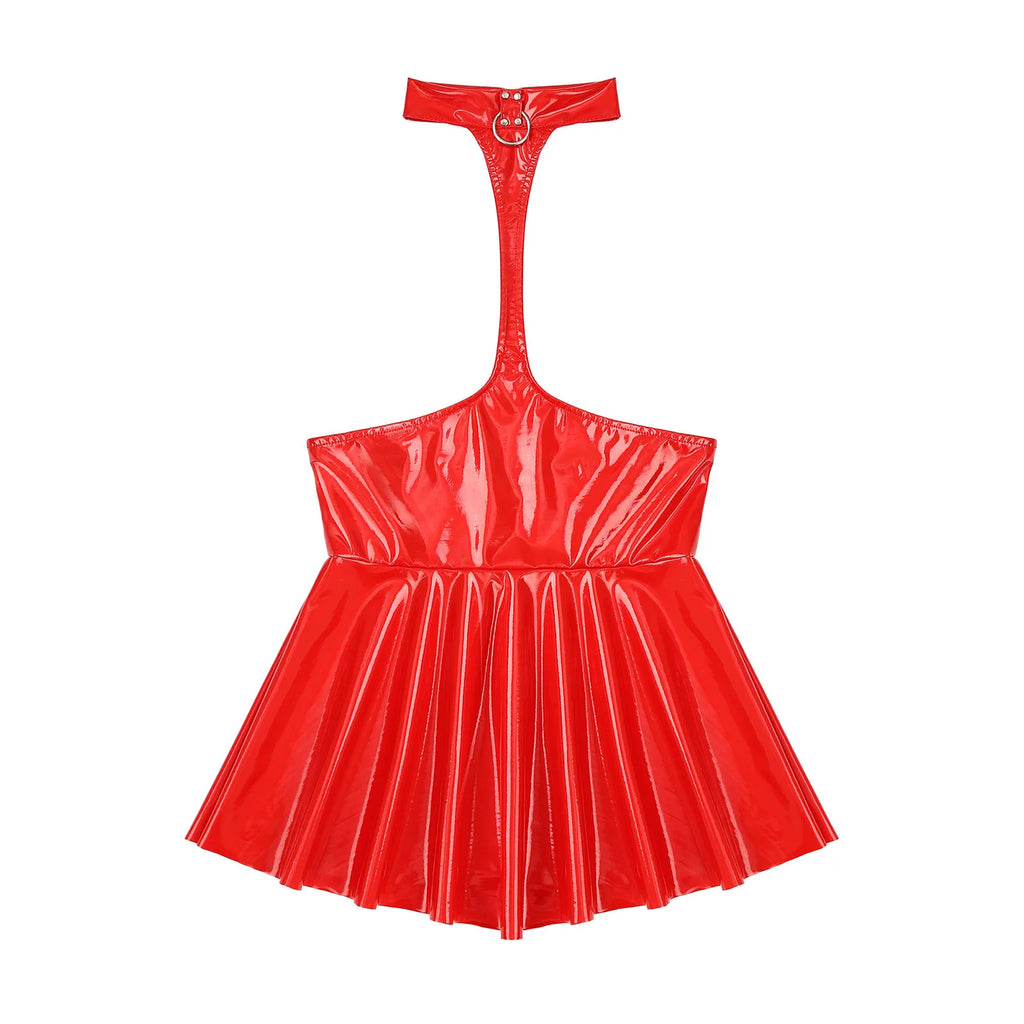 Womens Patent Leather Latex Dress Clubwear Open Chest Halter Ruffled Wet Look Halter Sexy Club Latex Dress with 2 Press Buttons