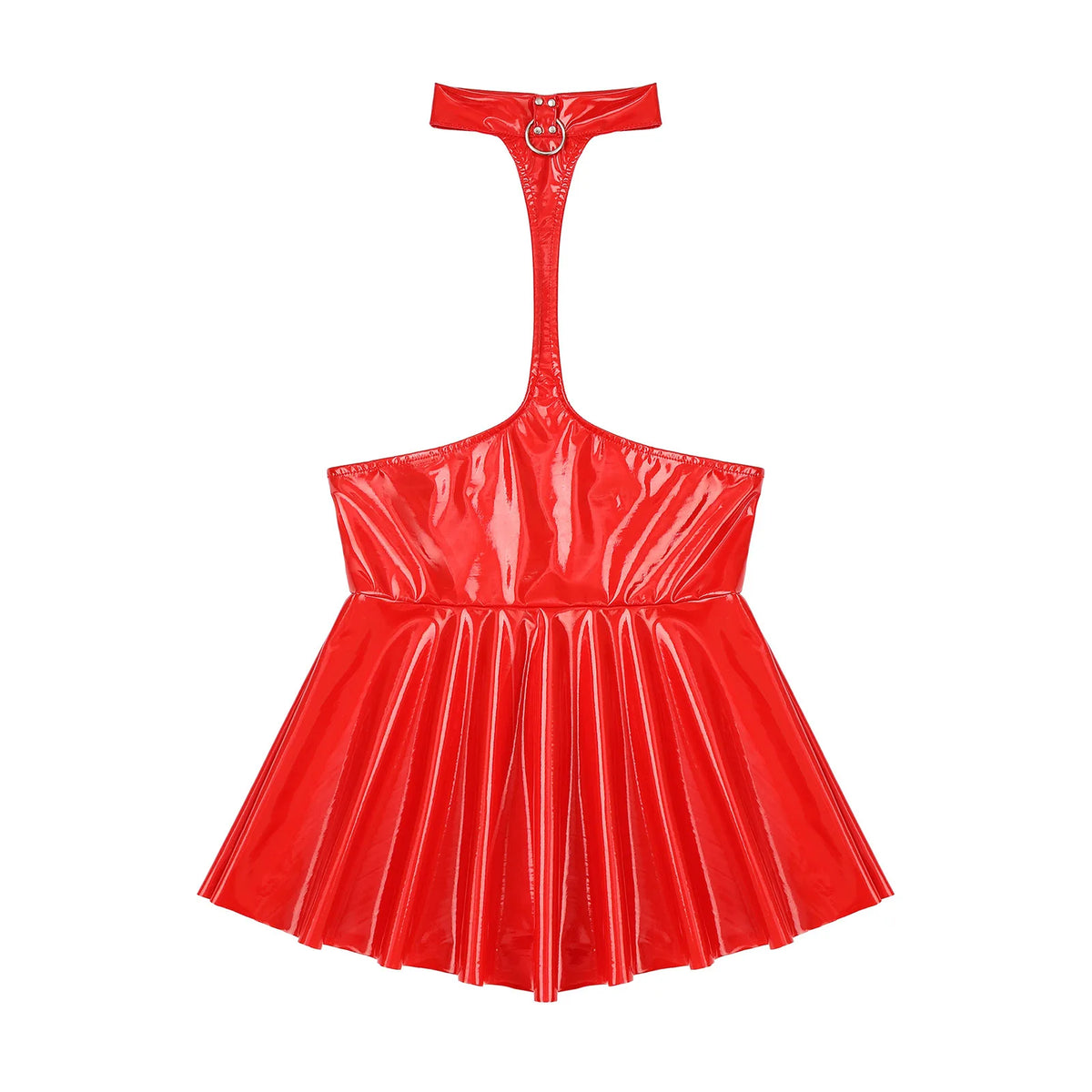 Womens Patent Leather Latex Dress Clubwear Open Chest Halter Ruffled Wet Look Halter Sexy Club Latex Dress with 2 Press Buttons