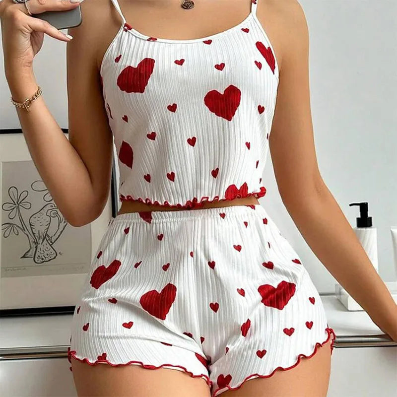 Teen girl Pajamas Set Sleepwear 2 PCS Short Tank Tops And Shorts S M L White Ventilate Soft Casual Love Printing