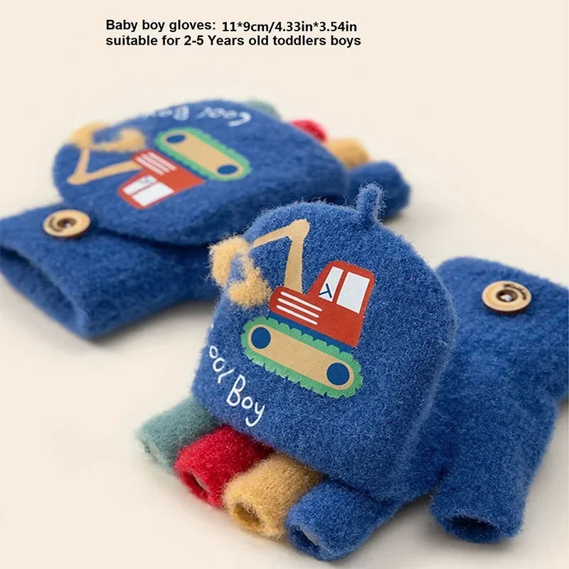 Kids Boys Girls Cartoon Excavator Half Finger Flip Cover Winter Thick Warm Gloves Toddler Outdoor Knitted Cold-Proof Mittens