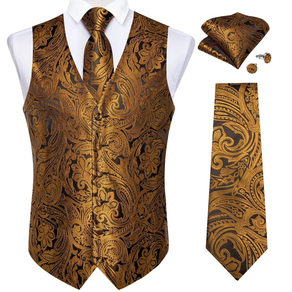 Luxury Paisley Gold Vest for Man Formal Yellow Solid Men's Waistcoat Necktie Pocket Square Wedding Business Chaleco Hombre