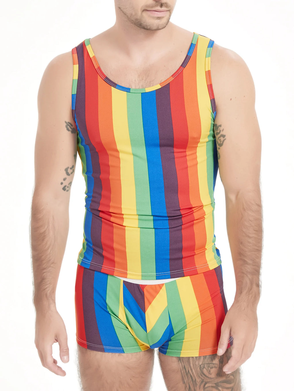 2-Piece Men's Rainbow Striped Pajamas Suit Sleeveless Sports And Fitness Vest In Summer And Tight Sexy Shorts Suit At Home.