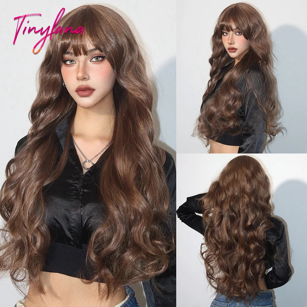 Wine Red Long Wavy Synthetic Wigs with Bangs for Women Colorful Burgundy Red Body Wave Cosplay Wig Halloween Heat Resistant Hair