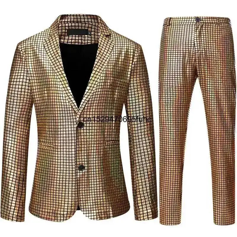 Shiny Mens Stage Prom Suits Rainbow Plaid Sequin Jacket Pants Men Dance Festival Christmas Halloween Party Costume Homme
