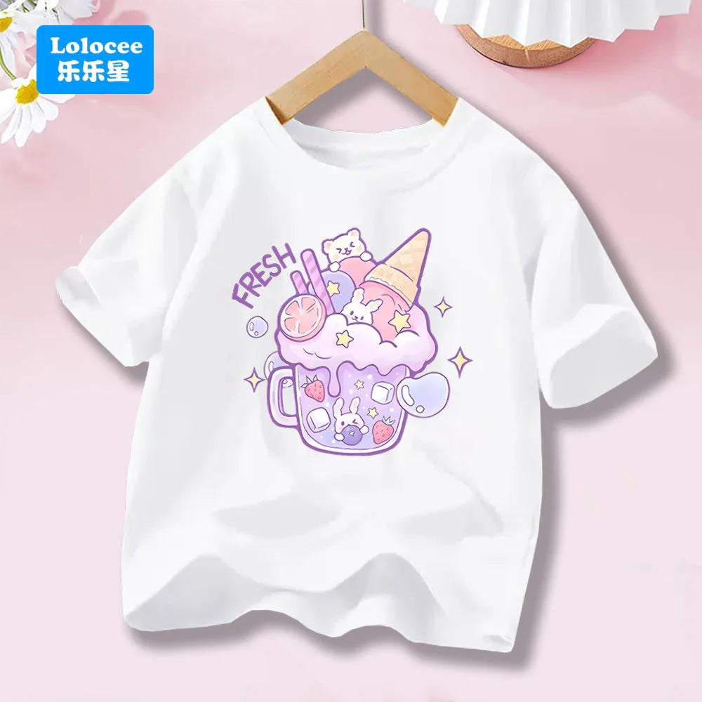Kids' Short Sleeve Cartoon T - Shirt Fresh Dessert & Animals  Cartoon Print Casual Top Kawaii Summer Clothes  YLXX1