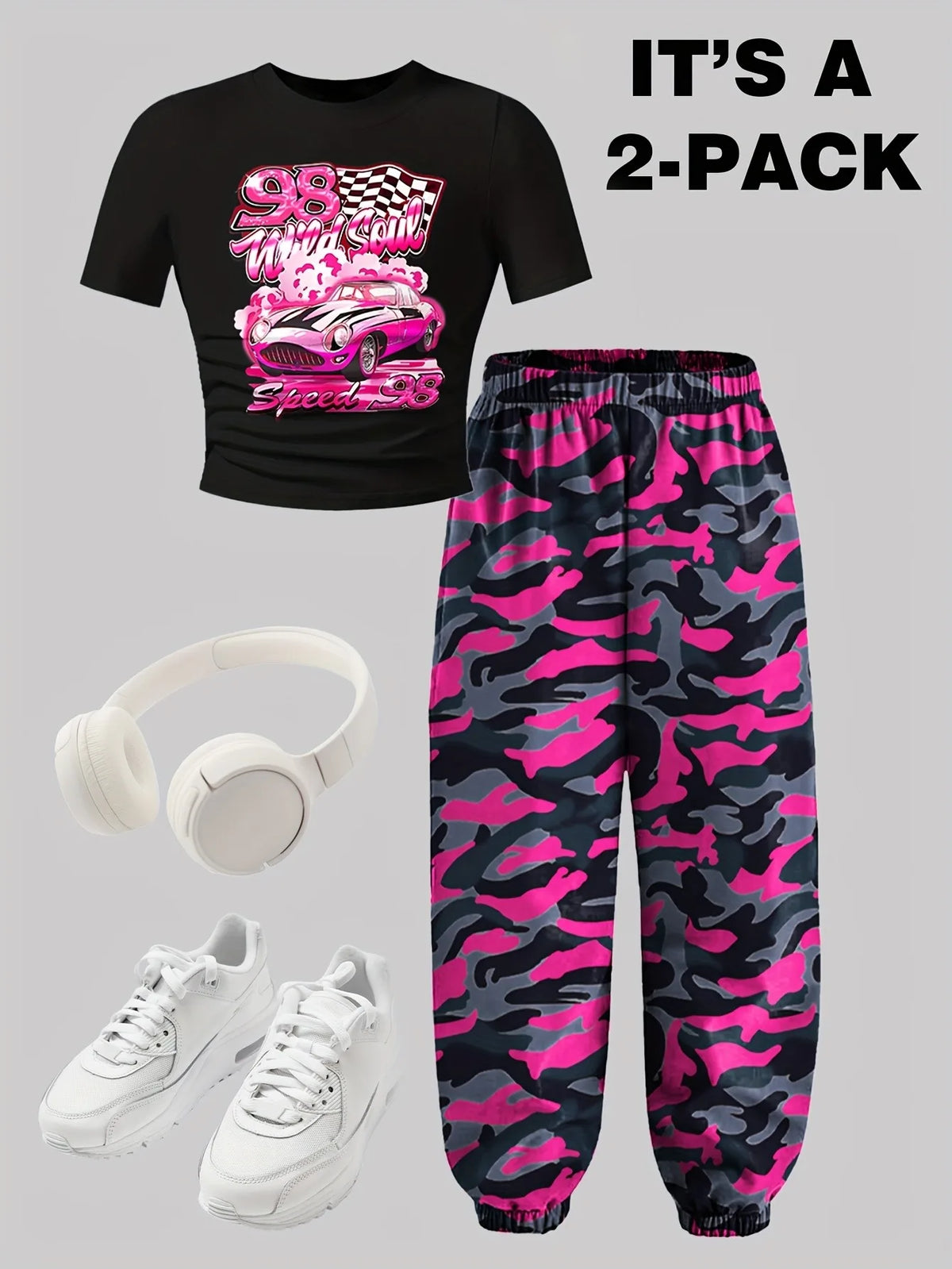 Kids Girls 2 Piece Racing Print Crop Tee & Pink Camo Jogger Pants Set Y2K Streetwear Casual Outfit