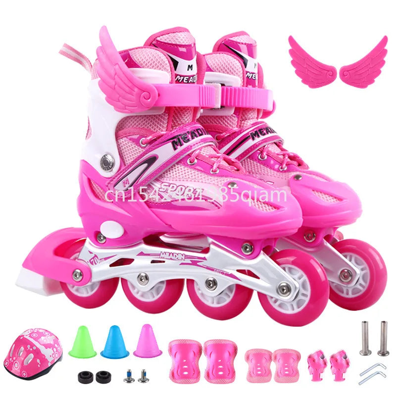 Children Boys Girls Practice Sport Adjustable Kids Roller Skates with Single Flash Light Wheels, Outdoor Inline Skates
