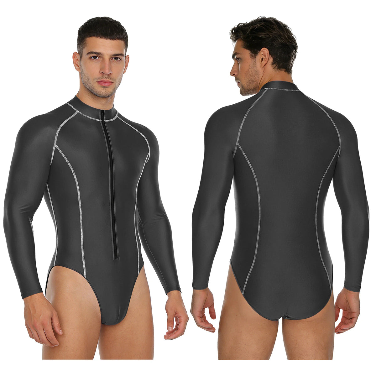 Men Swimsuit Glossy Bodysuit Rash Guard Wetsuit Swimwear Beach Surfing Sports Workout Romper Long Sleeve Zipper Silky Jumpsuit