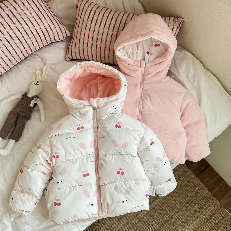 Kids Reversible Puffer Jacket – Thick Fleece Lined Winter Coat with Cartoon Print, Warm Short Outerwear for Toddlers