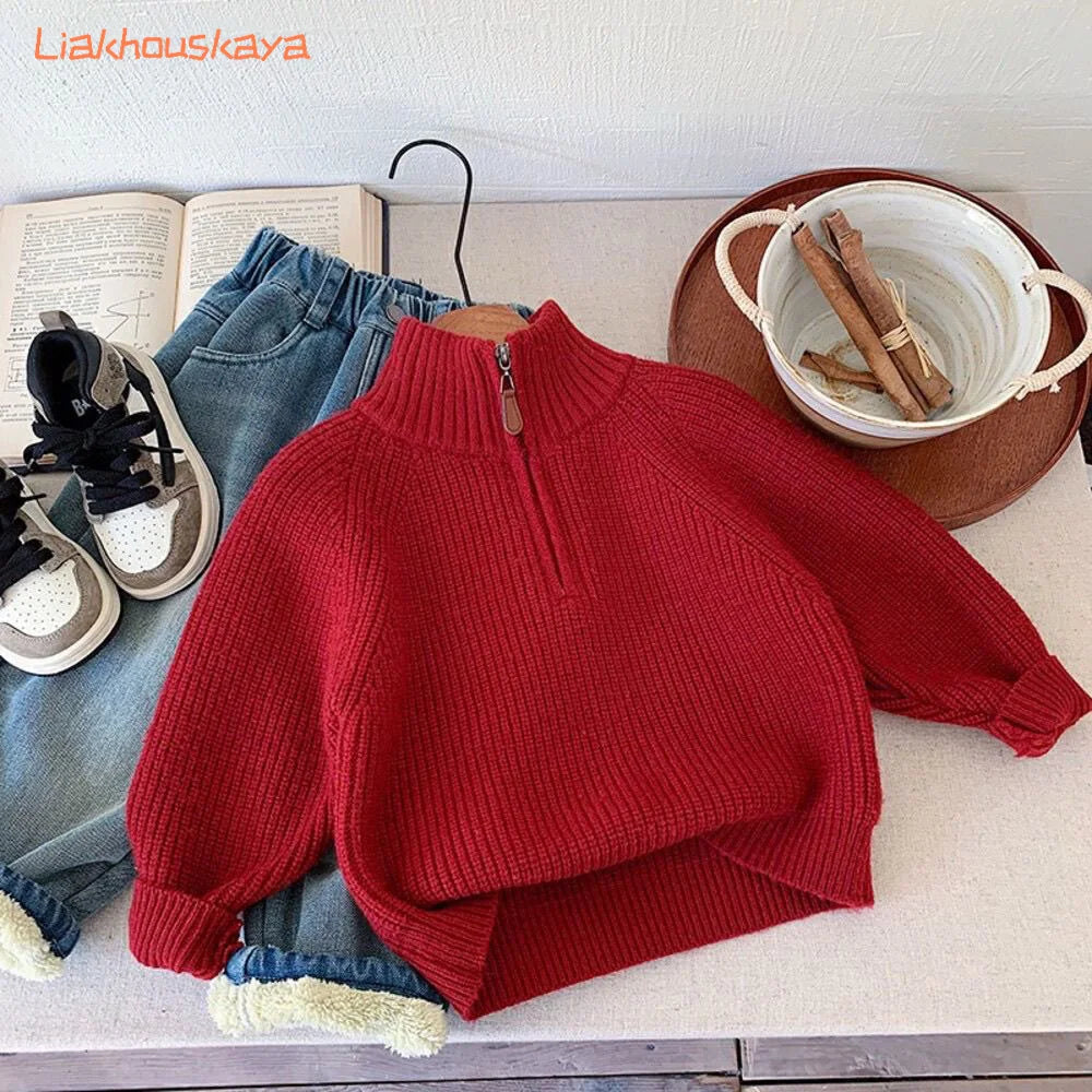 Korean Style Kids Sweater 2026 New Half Turtleneck Zipper Design Loose Knitwear For Boys Girls Autumn Winter Outerwear Warm