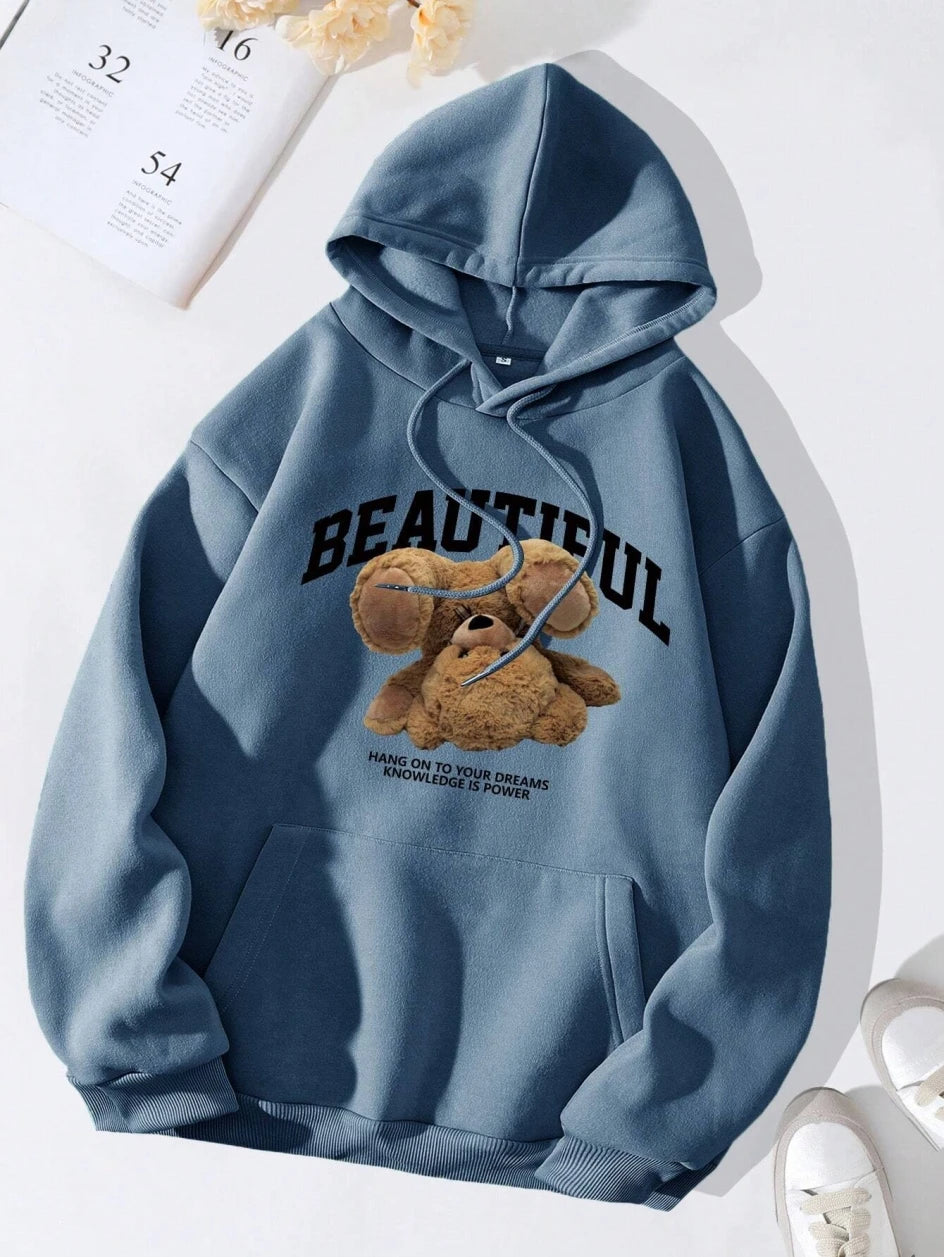 The Upside Down Teddy Bear Printing Hoodies Women Sports Fashion Casual Hooded Warm O-Neck Fleece Hoody Novelty Tide Clothes