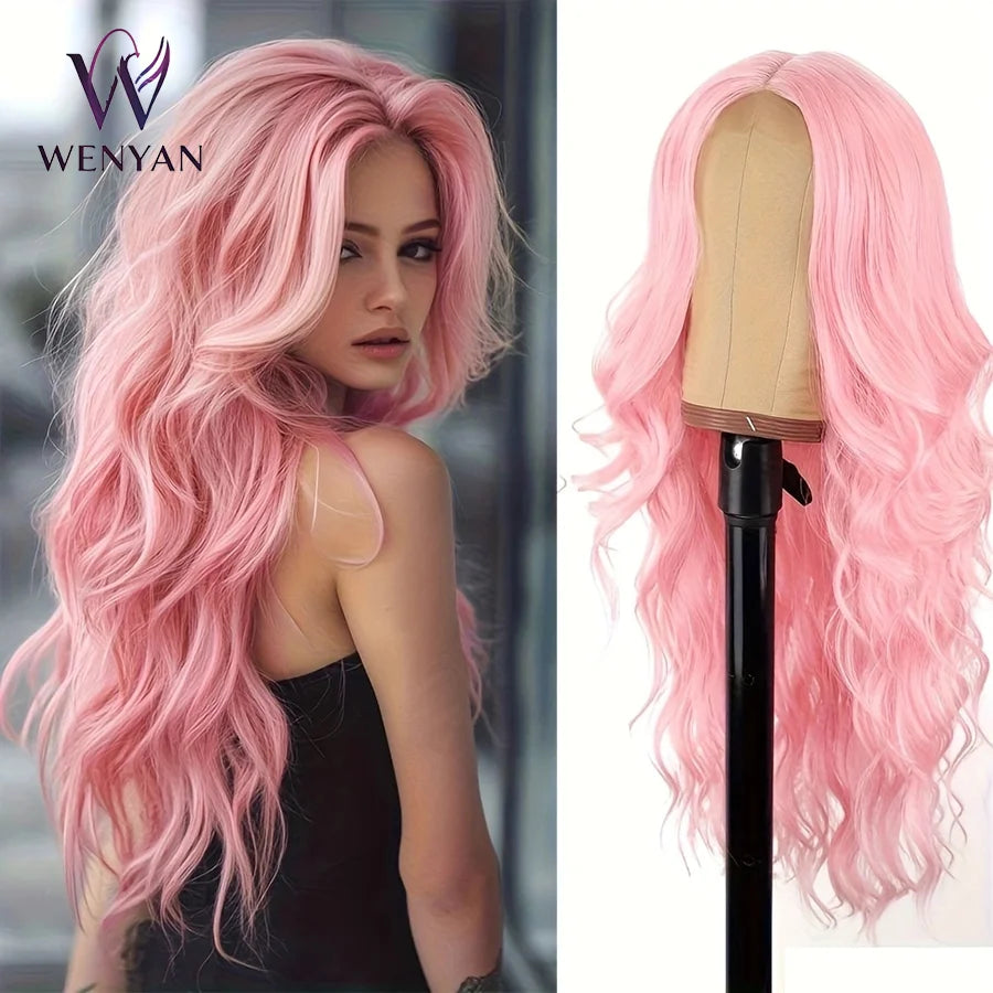 26 Inch Pink Wig for Women Pink Wavy Wig Middle Part Light Pink Wigs Natural Looking Heat Resistant Synthetic Wigs for Daily