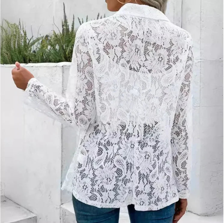 White Classic Lace Blouse Shirt Women's Elegant Lightweight Coat Summer Spring Autumn Tops