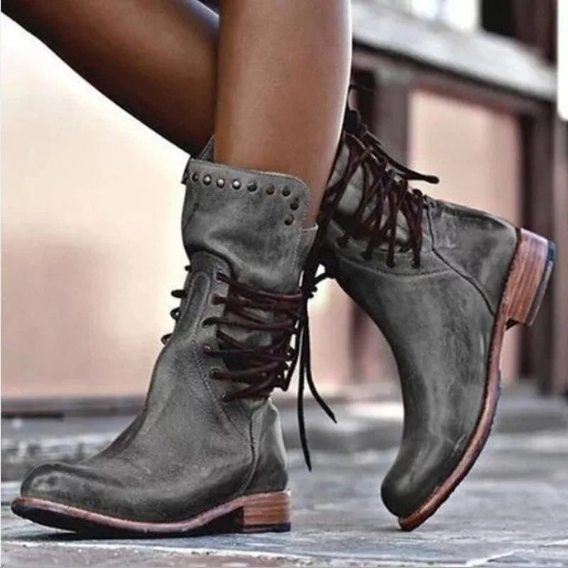 Women's Boots Fashion Casual Leather Boots Designer Mid-Calf Boot Luxury Knight Boots for Women Retro Short Boot Botas De Mujer