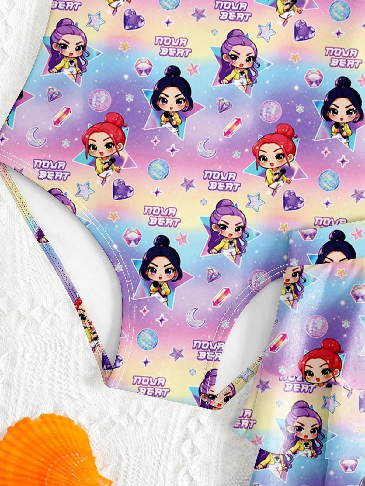 Girls Cartoon Print Swimsuit – 2-in-1 One-Piece Swimwear with Skirted Bottom for Kids Beachwear