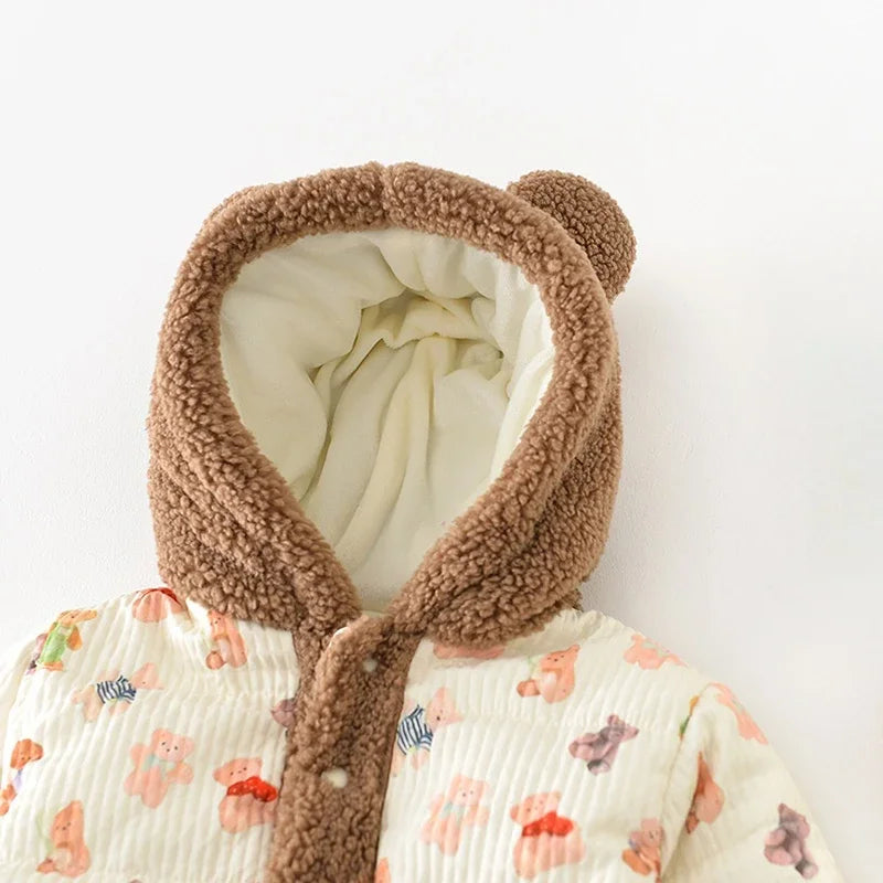 Winter Children Coat 0-3Y Boys Girls Cute Bear Printed Jacket Warm Fleece lined Kids Outerwear
