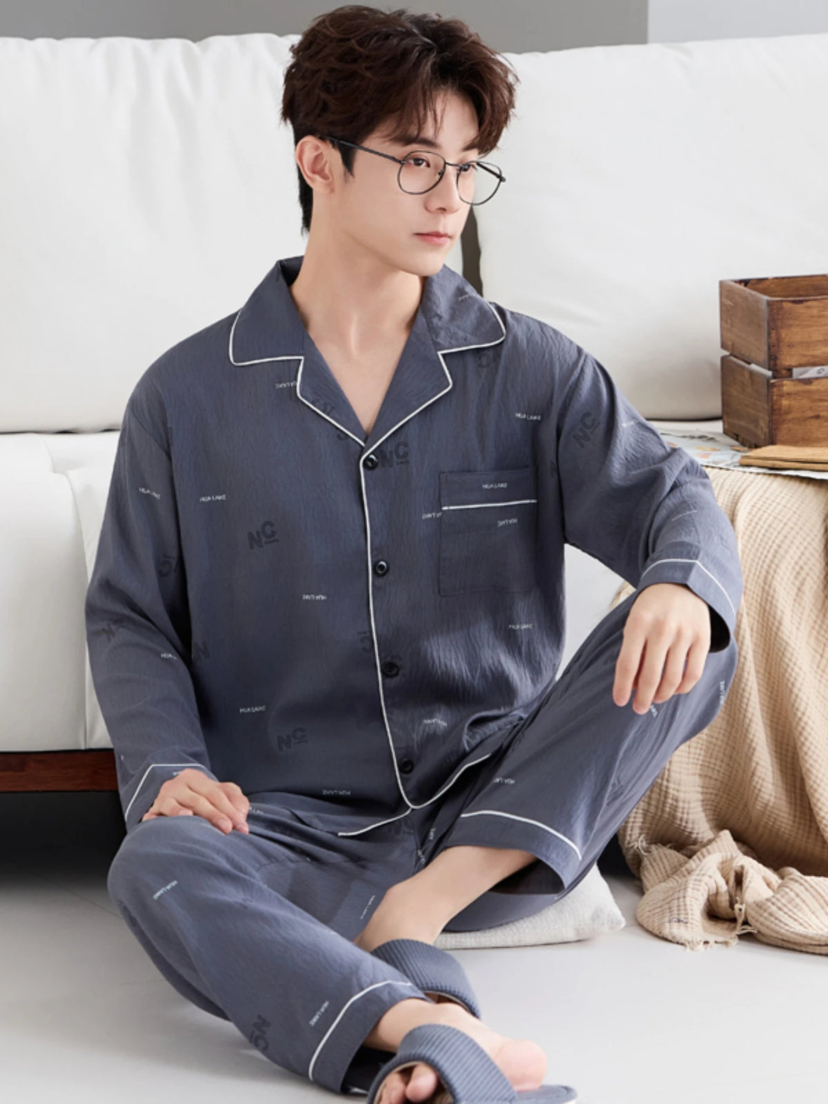 Men's Pajama Set for Spring & Autumn, Simple All-Match Long Sleeve & Long Pants Loungewear, Fashion Handsome Daily Homewear