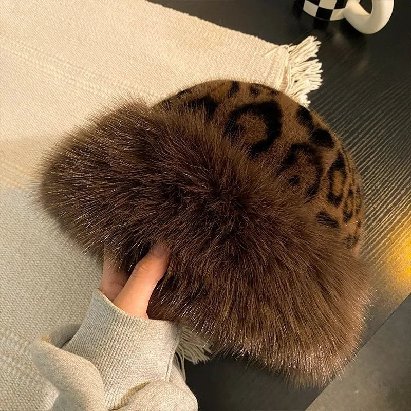Fashionable Leopard Print Plush Hat Women's Autumn and Winter Retro Thickening Cold Protection To Show The Face Hats for Women