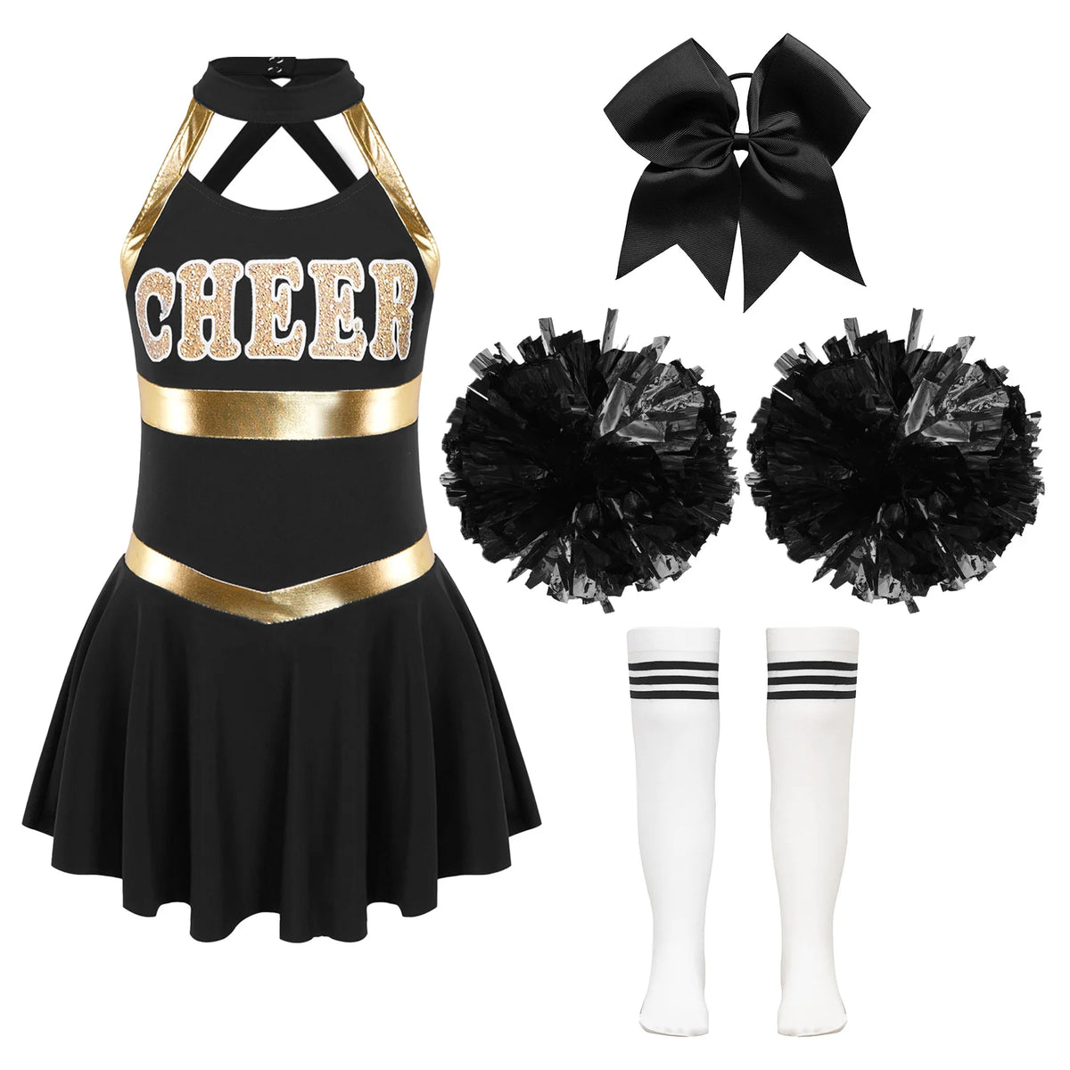 Kids Girls Cheerleading Costumes Childs Sleeveless Dress Hand Flowers Striped Socks Dancewear Sets Schoolgirl Cheer Dance Suits