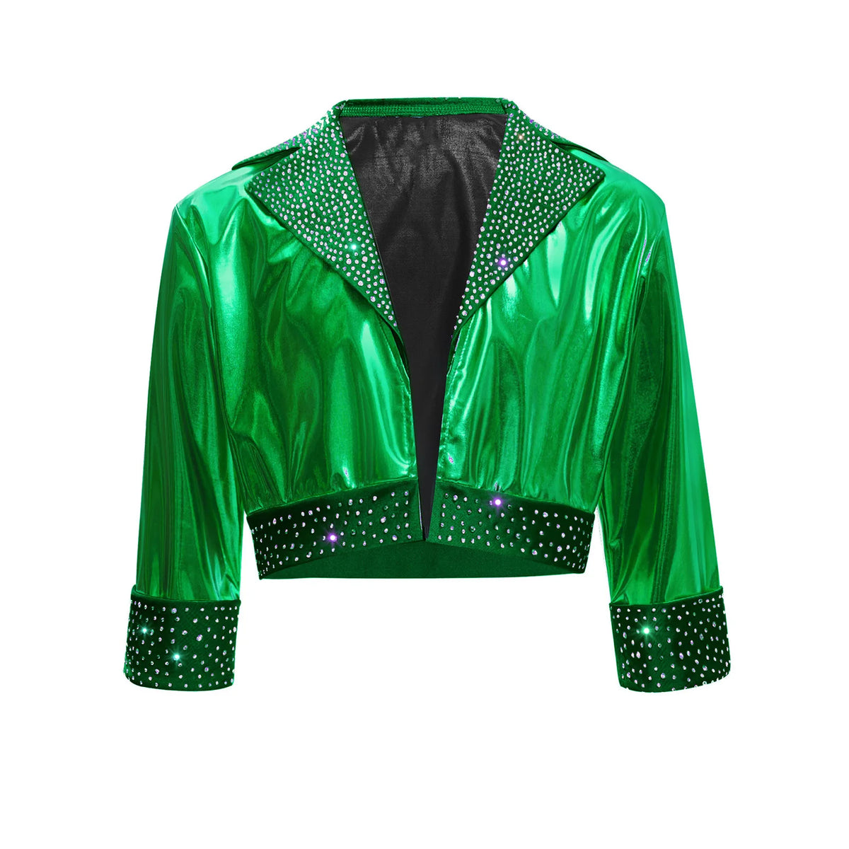 Kids Girls Shiny Rhinestones Metallic Jacket Hip Hop Jazz Dance Top Outerwear Long Sleeve Disco Stage Performance Streetwear