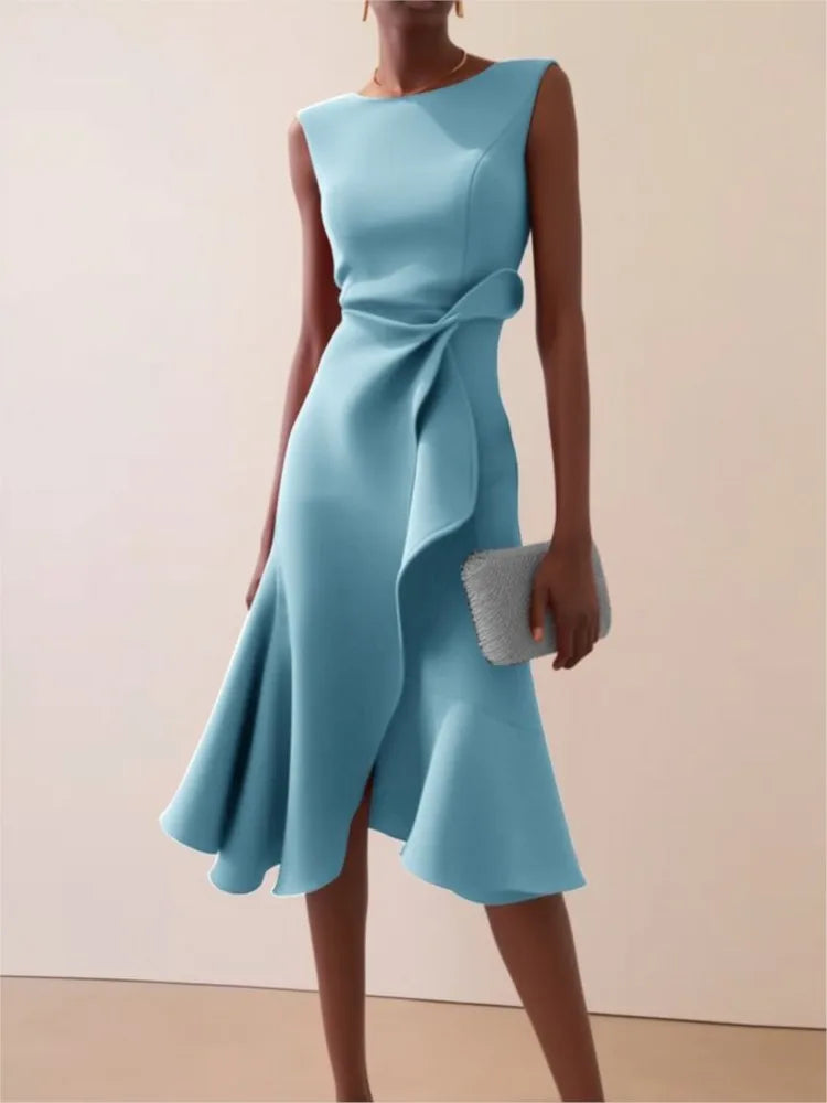 Woman's Foreign Style Party Prom Dress Summer Sexy Sleeveless Fashion Irregular Hem Midi Dresses Ladies Solid Color Vestidos