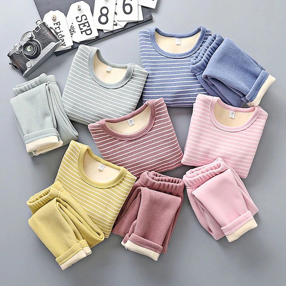 Plush Lined Kids Pajama Set Cozy Striped Winter Sleepwear Ultra Warm Soft Pajamas for Boys and Girls for Autumn and Winter