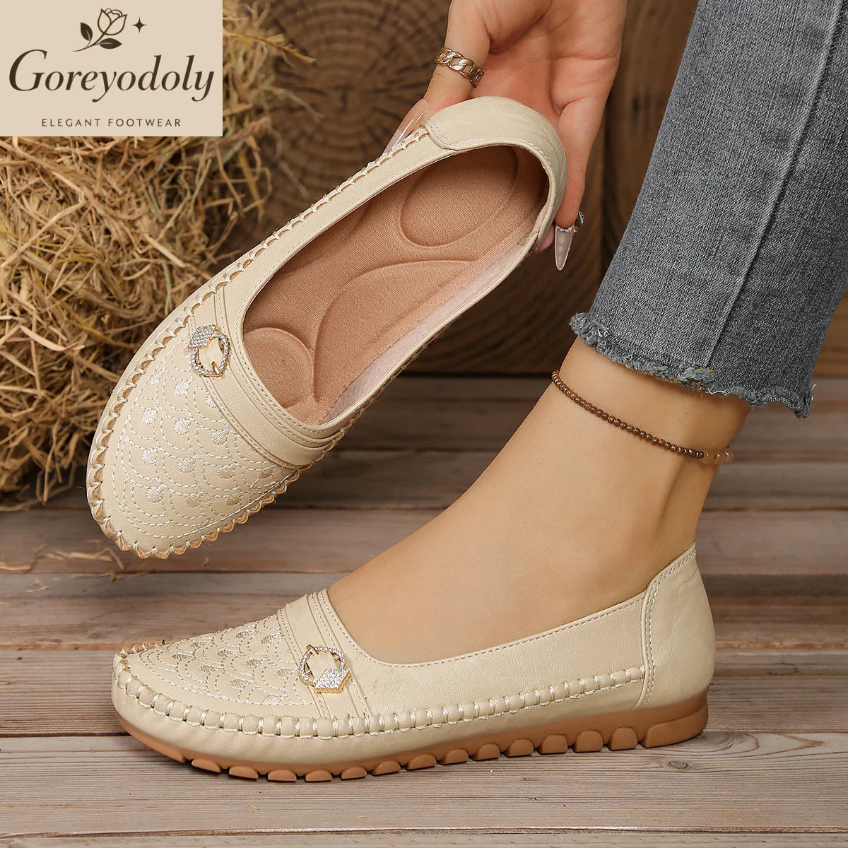 goreyodoly Women Comfortable Slip-On Loafers, Lightweight Breathable Wide Fit Flats with Embroidery & Rhinestone Buckle
