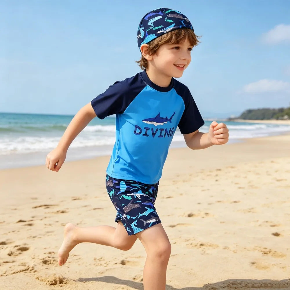 Kids Swimming Suits Children Swimsuit Boys Swimwear Set Cartoon Beachwear Surf Bathing Outfits for 4 5 6 7 8 9 10 11 12 13 Years