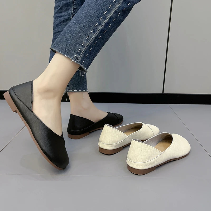 Women's Slip on Leather Loafers Spring Autumn Ballet Shoes Ladies Casual Round Toe Cute Flats Nurse Shoes Sneakers Plus Size 43