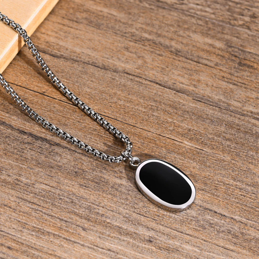 Men Necklace, Oval Round Pendant, Stainless Steel Minimalist Black Pendants.French Style Vintage Men Jewelry