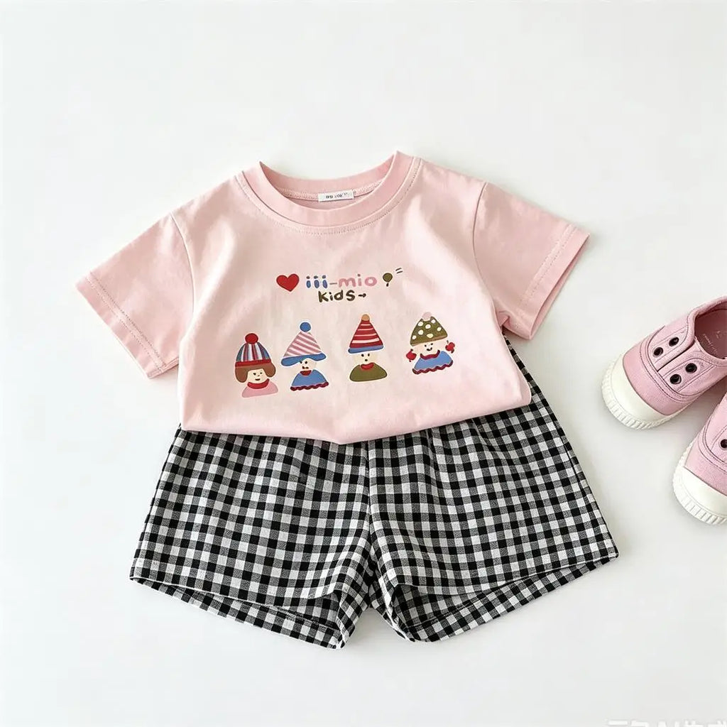 Pink Tshirts Black Shorts 2pcs Girls Printed T-shirt Versatile Shorts Lovely Tees Plaid Shorts Toddler New 2026 Summer Clothes