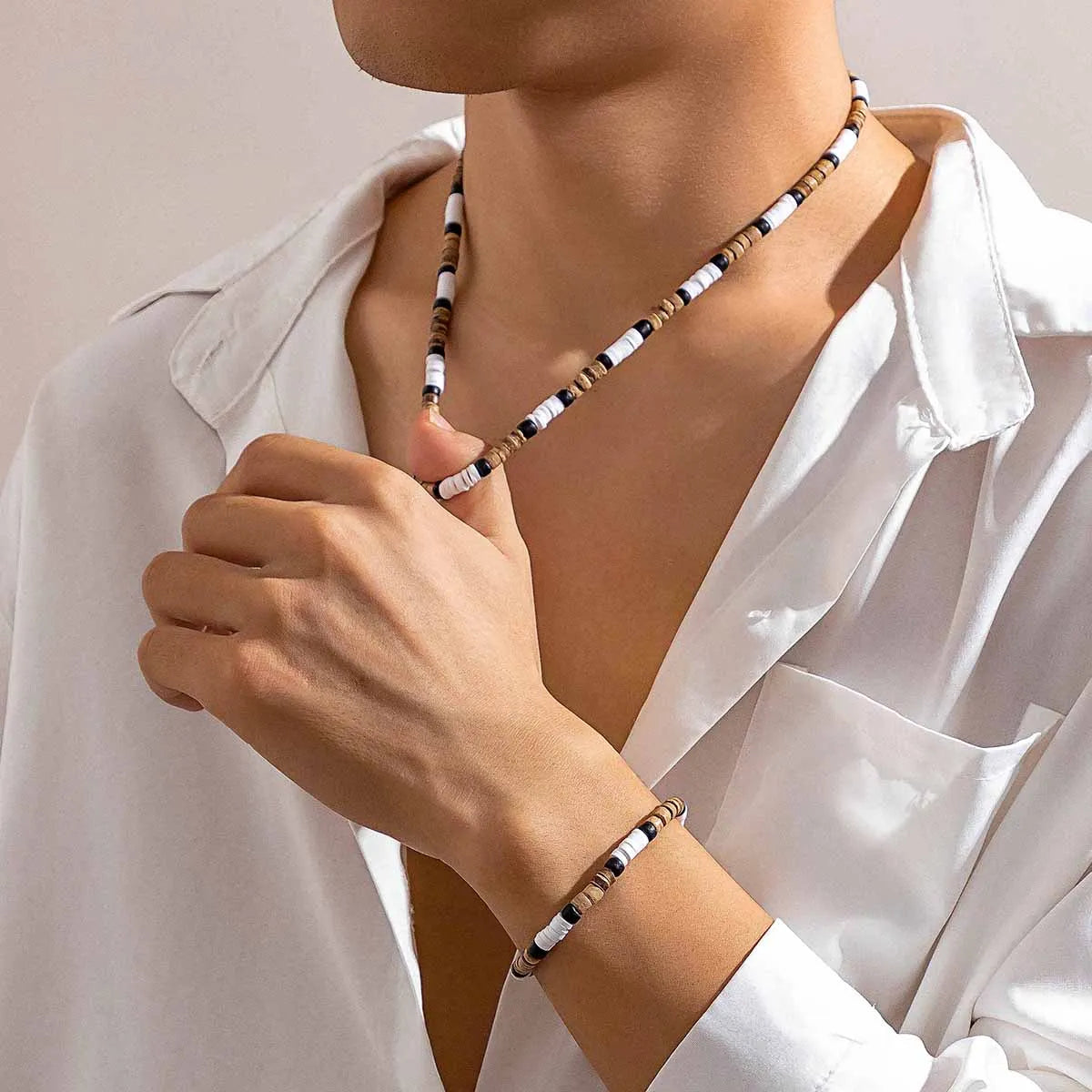 Small Wood and Polymer Clay Beads Chains Necklace and Bracelect Sets for Men Trendy Beaded Accessories on Hand/Neck 2023 Fashion