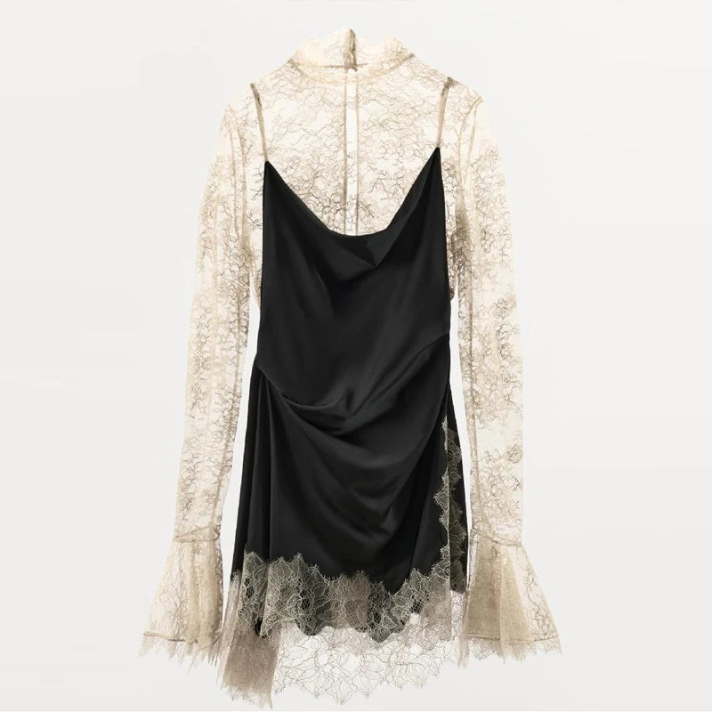Elegant Fashionable Short Dress Lace Stitching Trendy Stylish Party Dresses Modest Dignified Sweet France Romantic Women Outfit