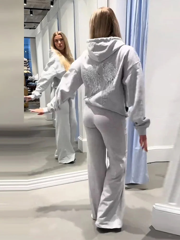 Sequins Angel's Wings Hoodies Women Y2k Chic Loose Long Sleeve Pullovers Top Slim Yoga Pant Set 2026 Casual Lady Sweatshirt Set