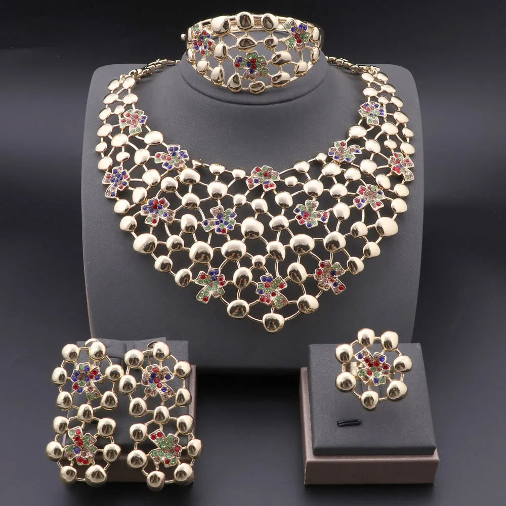 Elegant Jewelry Sets Dubai Silver Plated Jewelry Women Necklace Bracelet Earrings Ring Bride Wedding Party Accessories
