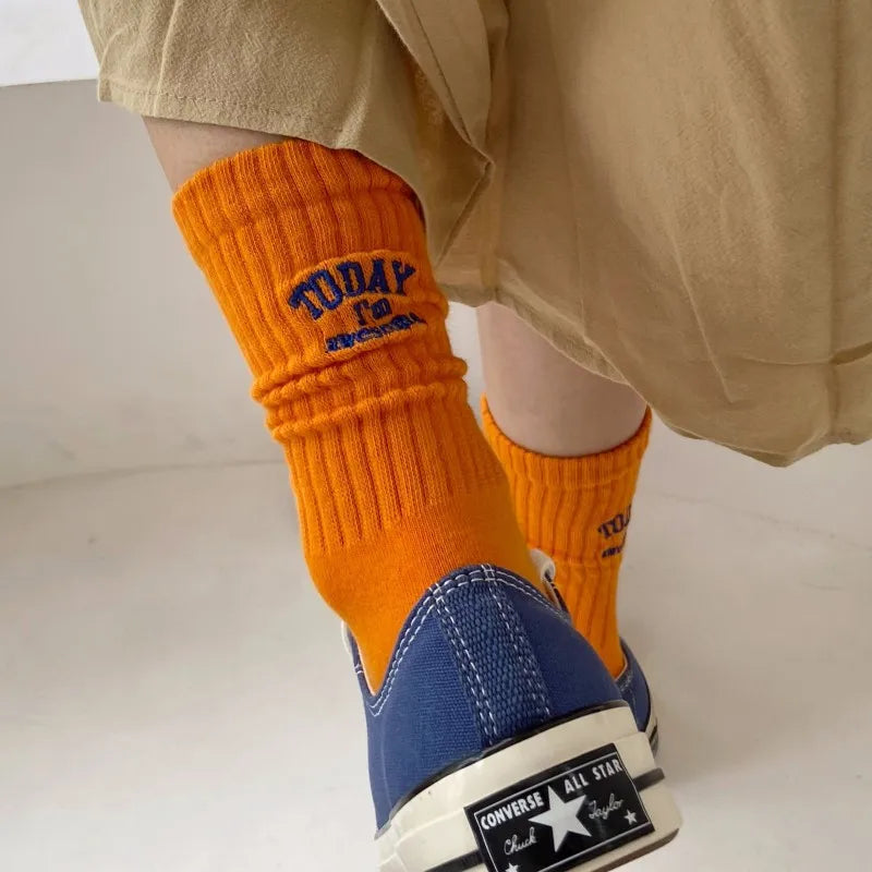 For Men Women Couple Funny Cotton Socks Embroidery Letter Today I’m Awesome Japanese Korean Designer Couple Mid-tube Sports Sox
